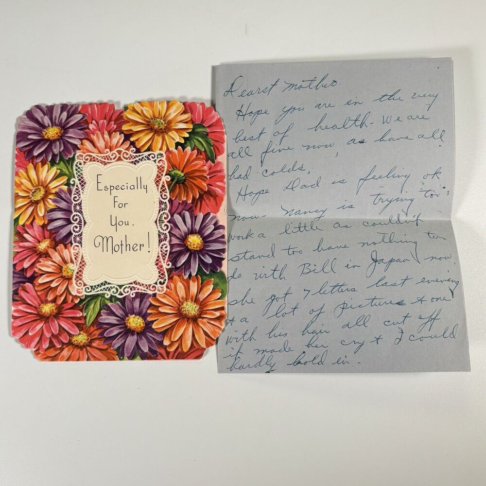 Vintage 1951 Birthday Card Mother Colorful Floral Die Cut Handwritten Letter